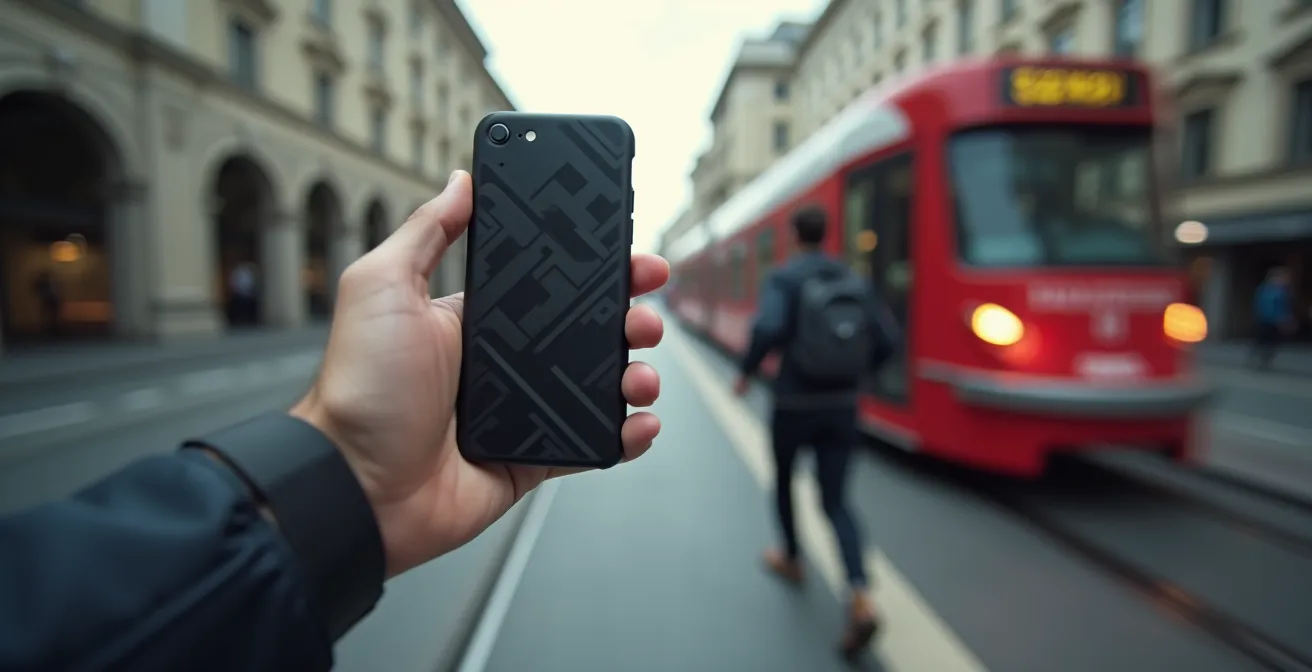 Main tenant un smartphone montrant un écran flou avec une personne courant vers un tram en arrière-plan