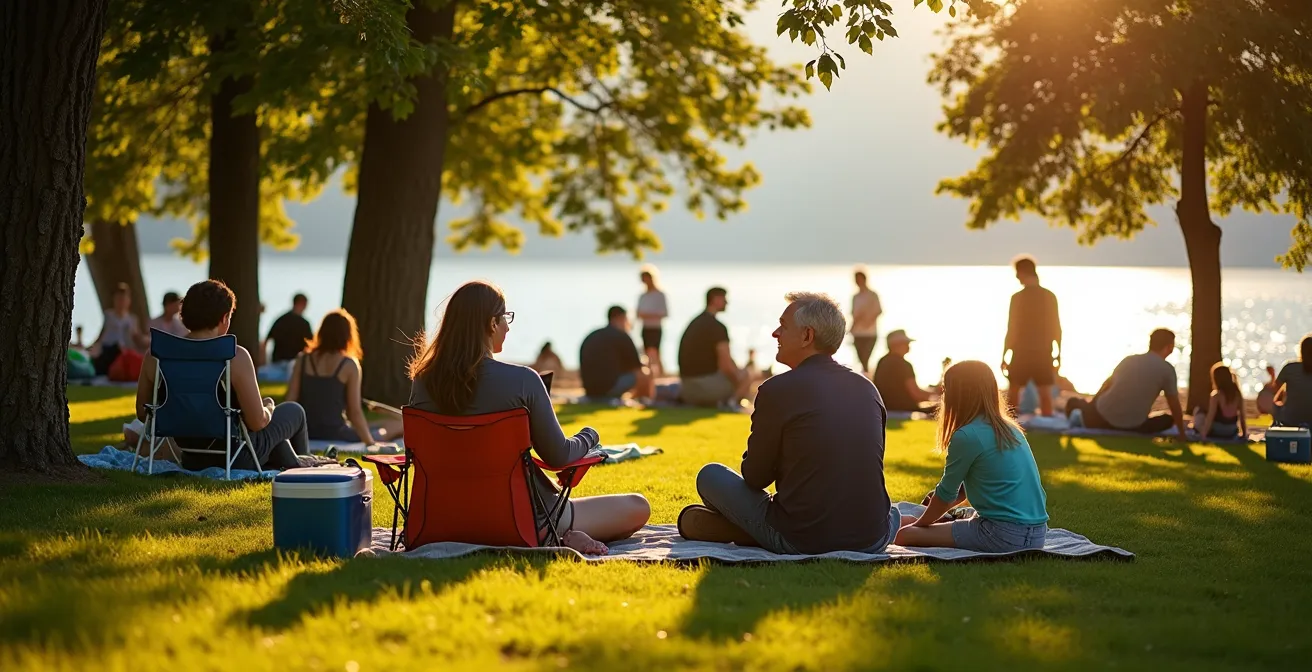 Vue matinale d'un parc genevois au bord du lac avec premières installations de pique-nique