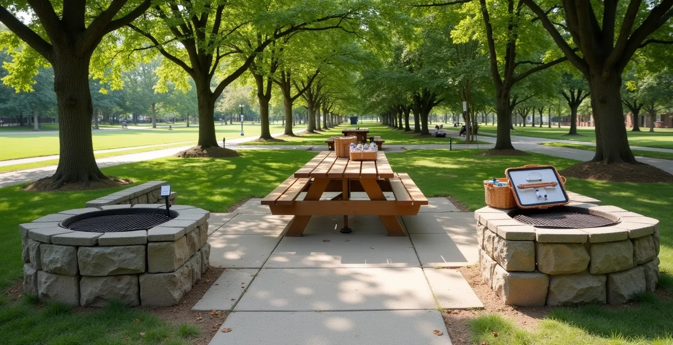 Vue d'ensemble d'une zone de grillades officielle dans un parc genevois avec installations sécurisées