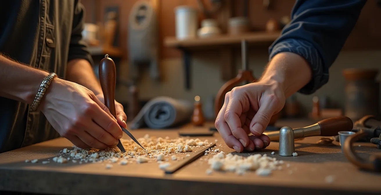 Artisan travaillant dans son atelier traditionnel de Carouge avec outils et créations en cours