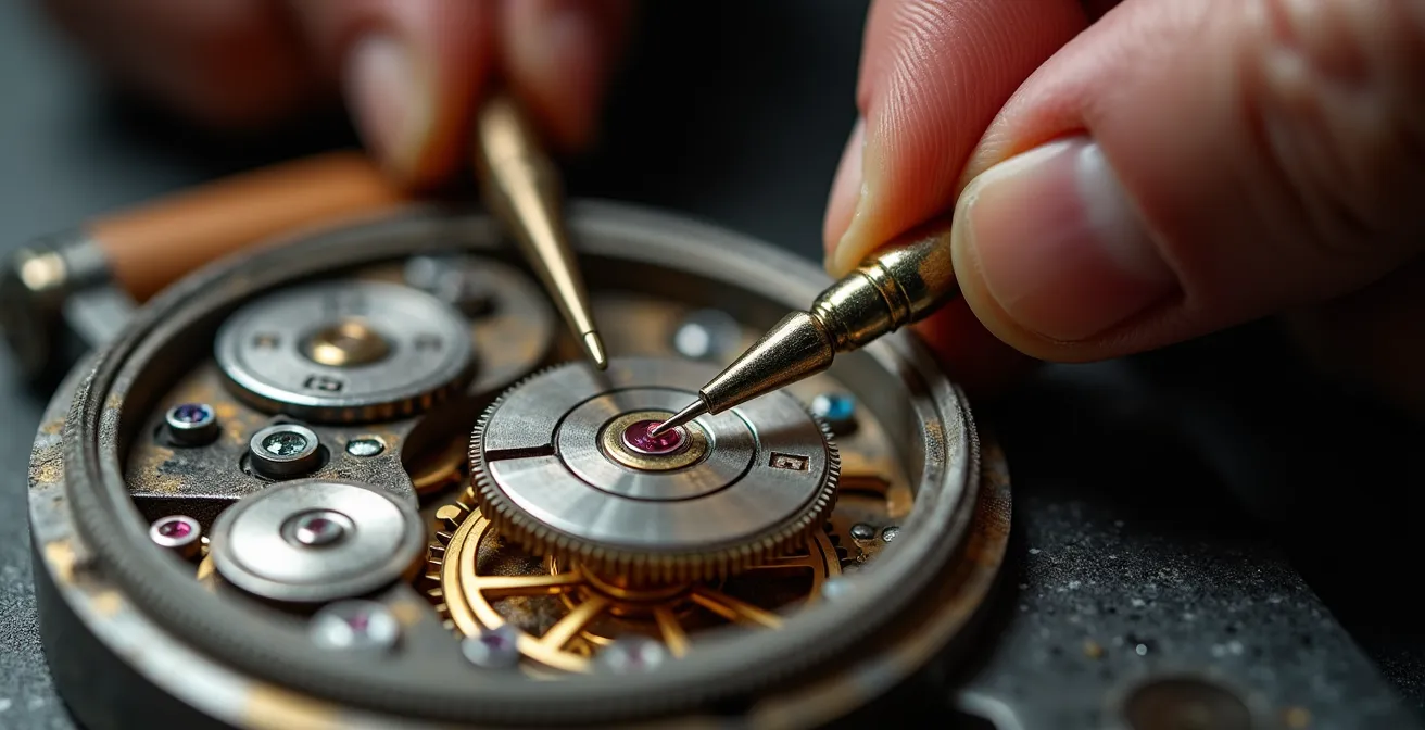 Gros plan sur les mains d'un horloger genevois révisant un mouvement de montre de luxe