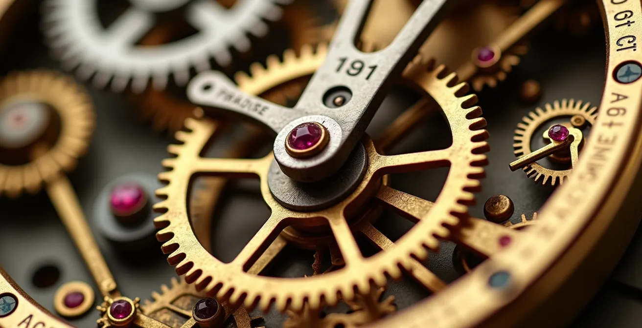Détail macro du mécanisme d'un automate horloger ancien avec roues dentées dorées et rubis