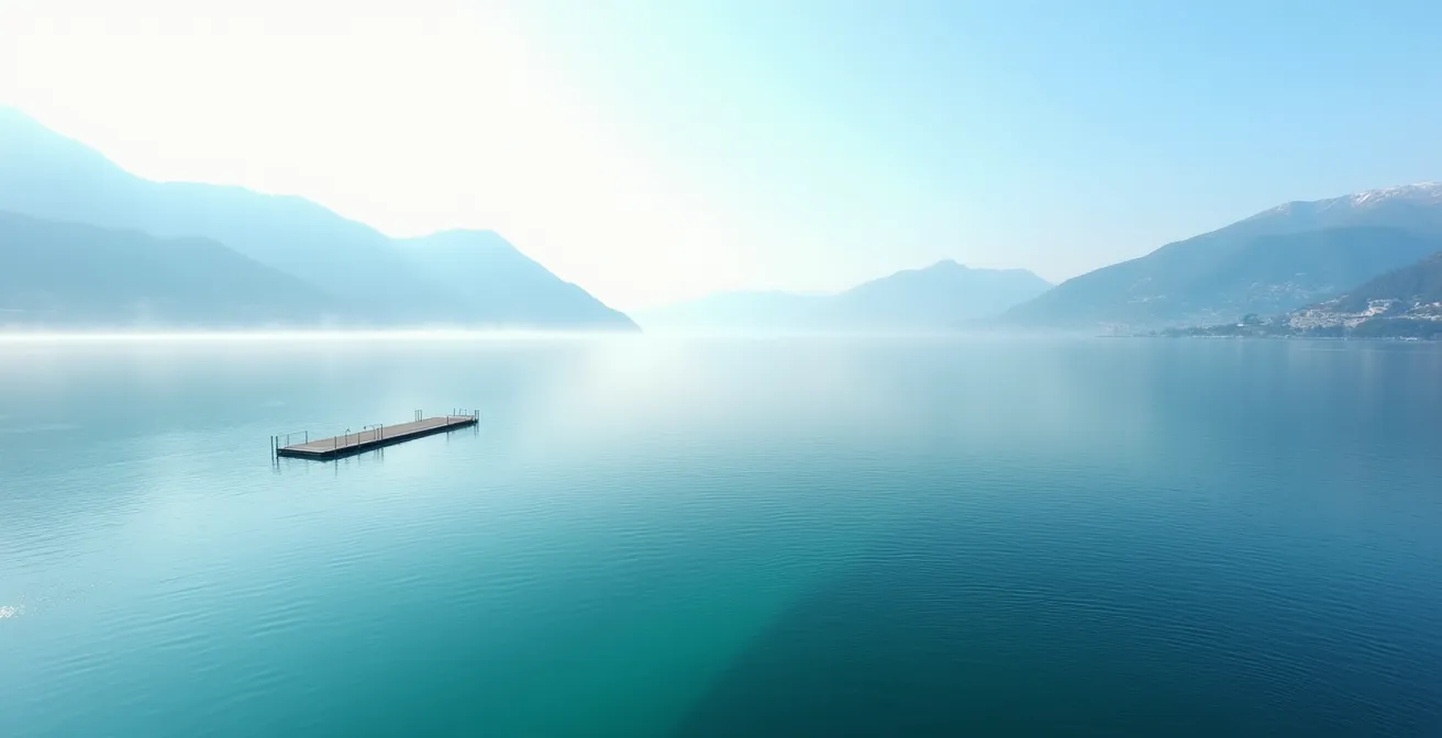 Vue aérienne des eaux cristallines de la rade de Genève avec les montagnes en arrière-plan