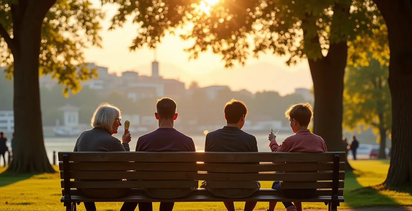 Le célèbre banc de la Treille à Genève baigné dans la lumière dorée du soleil couchant