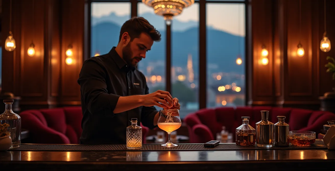 Bar élégant d'un palace genevois avec ambiance feutrée et cocktails raffinés