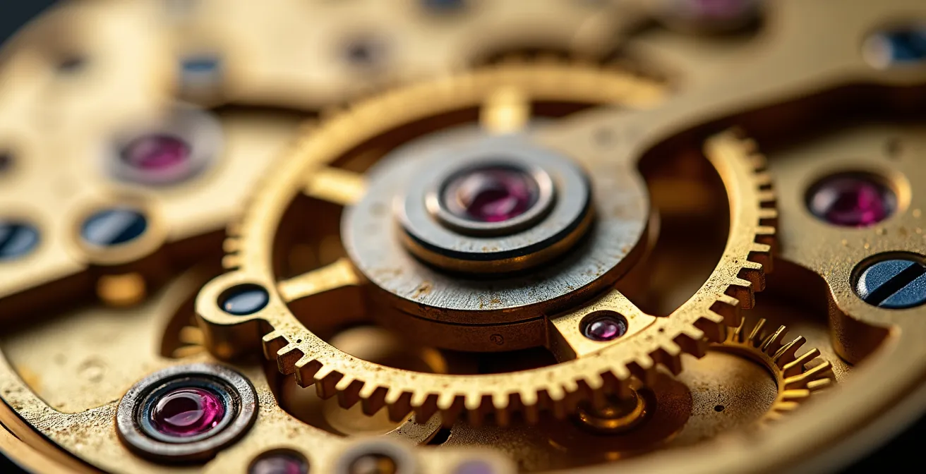 Vue macro détaillée du mécanisme interne du Calibre 89 montrant les rouages et complications dorés