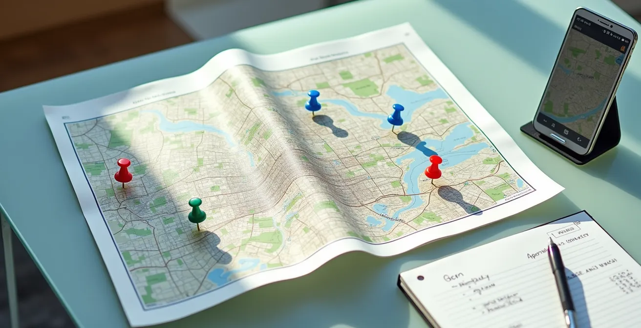 Vue aérienne d'une carte de Genève avec épingles colorées marquant différents quartiers résidentiels