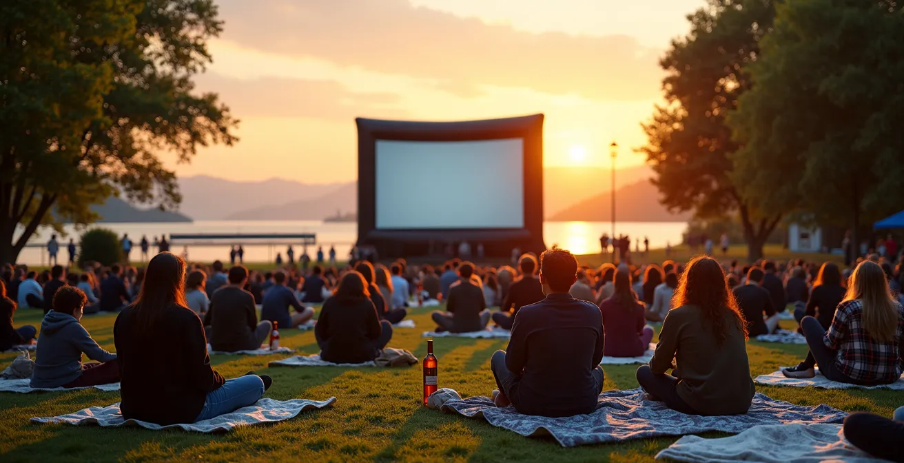 Projection de cinéma en plein air dans un parc genevois au coucher du soleil avec des spectateurs installés sur des couvertures