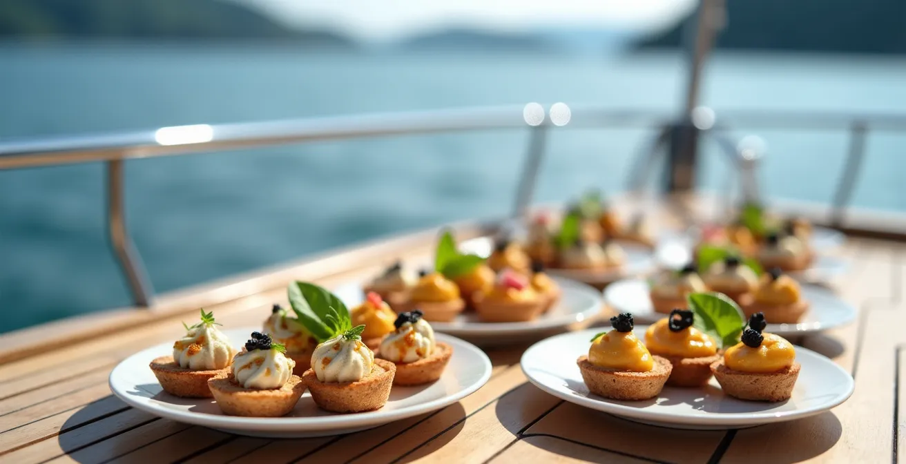 Plateau de finger food élégant disposé sur le pont d'un yacht avec vue sur le lac