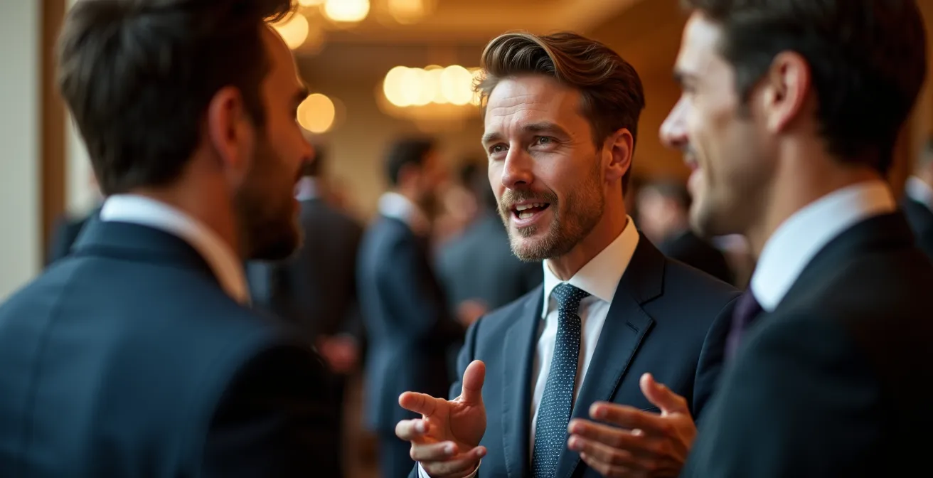 Diplomates en conversation informelle lors d'un événement networking à Genève
