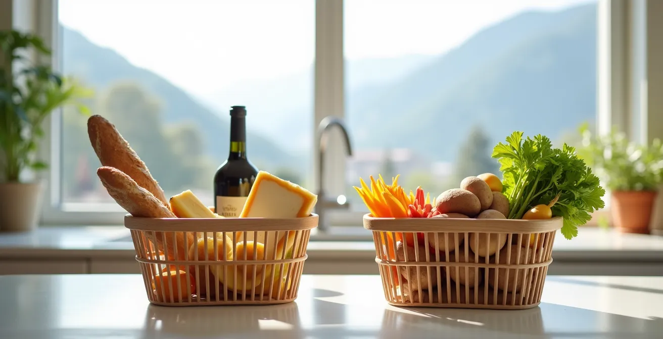 Composition photographique montrant deux paniers de courses côte à côte dans une cuisine genevoise