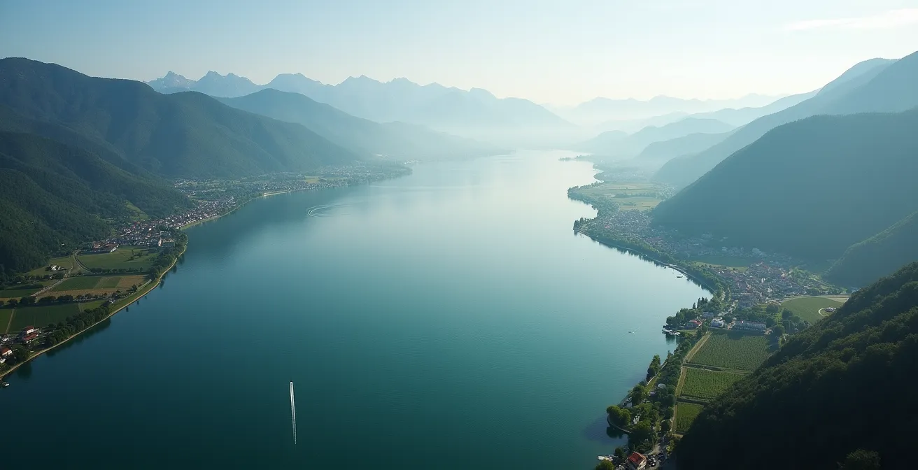 Vue aérienne du lac Léman montrant les deux itinéraires possibles depuis Genève vers Yvoire et Montreux
