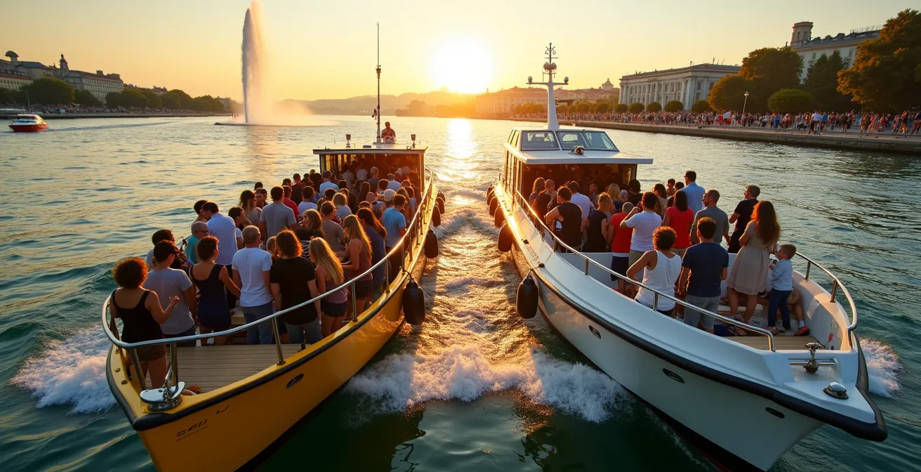 Vue comparative entre une mouette jaune bondée de locaux et un bateau de croisière touristique sur le lac Léman