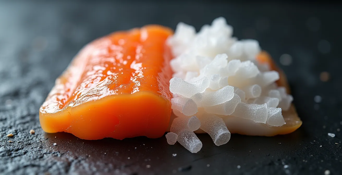 Vue macro de deux filets de perche montrant la différence de texture entre la chair ferme et nacrée d'un poisson frais et la chair floconneuse d'un poisson décongelé