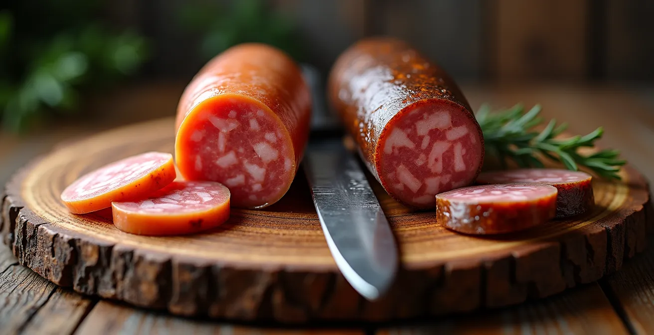 Coupe comparative montrant les textures différentes de la Longeole et du Saucisson Vaudois