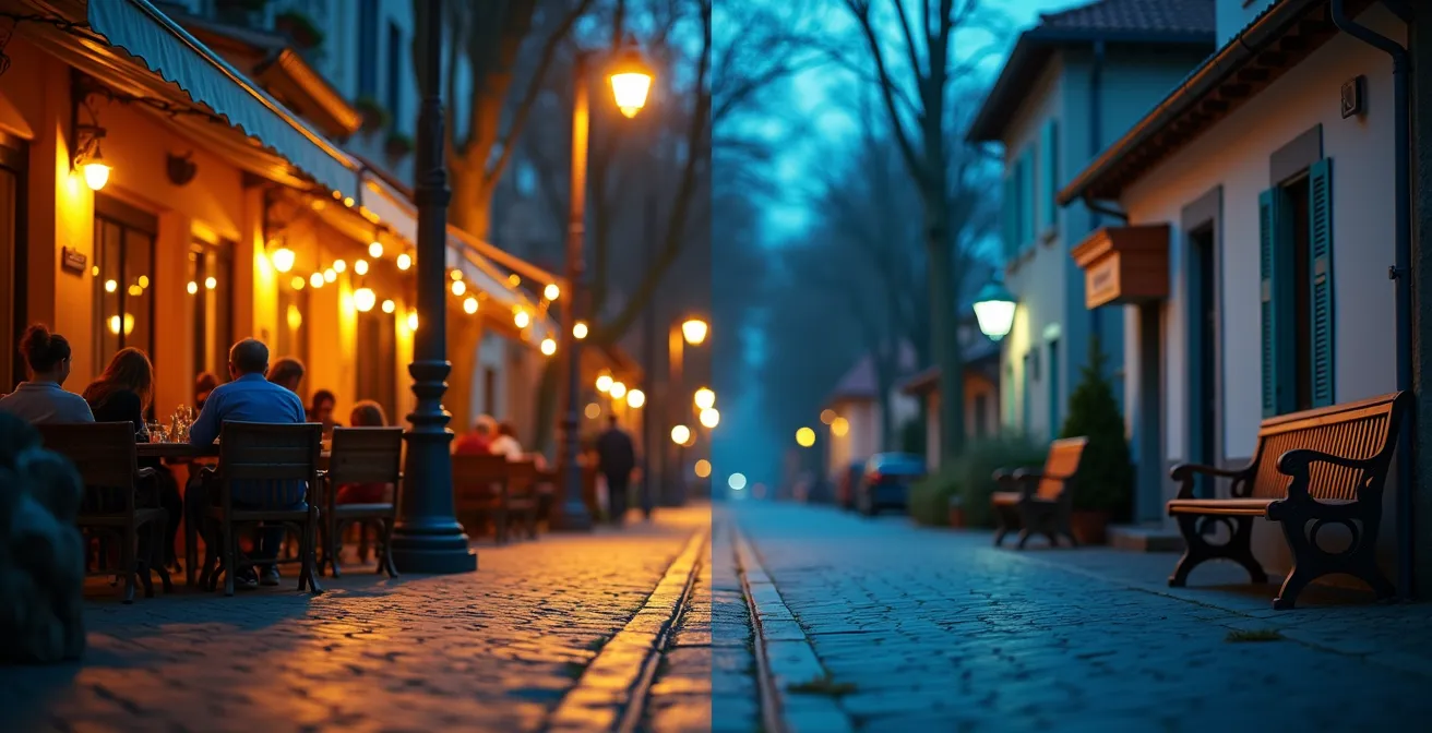 Contraste visuel entre l'animation de la rue des Eaux-Vives et le calme résidentiel de la rue de Montchoisy
