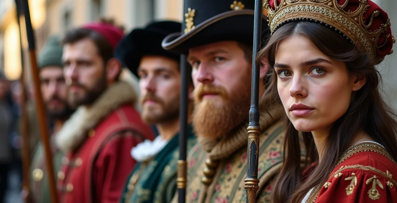 Membres de la Compagnie de 1602 en costumes historiques authentiques défilant dans la vieille ville