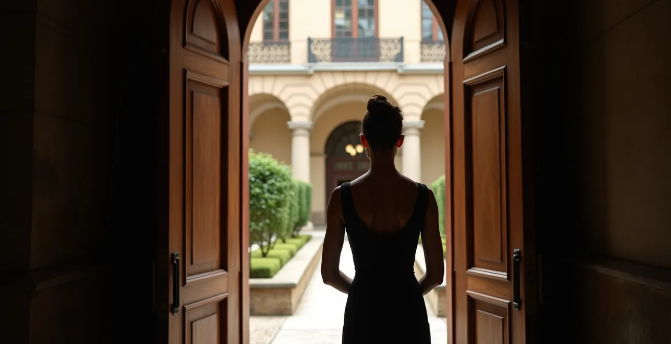 Cour intérieure luxueuse cachée derrière une façade sobre dans la Vieille-Ville de Genève