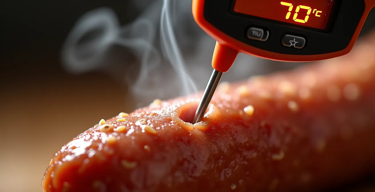 Thermomètre à viande inséré dans une Longeole pochée montrant 70°C