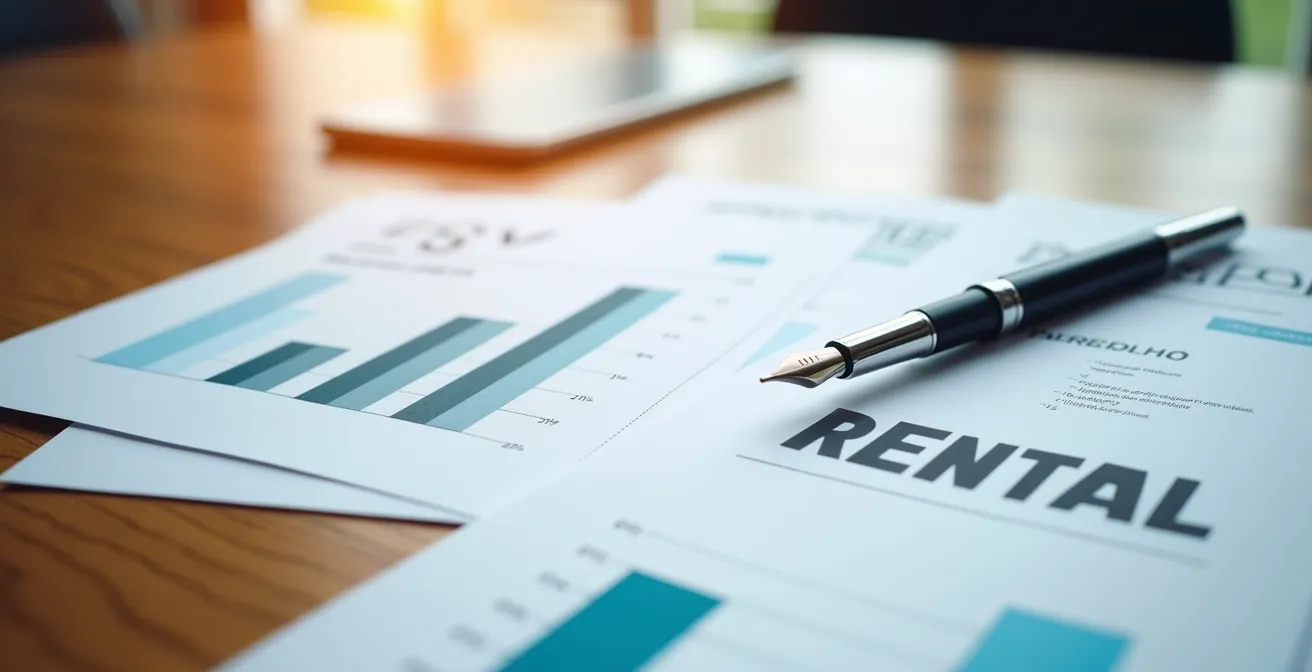 Composition professionnelle d'un CV locatif structuré avec éléments graphiques abstraits sur bureau en bois