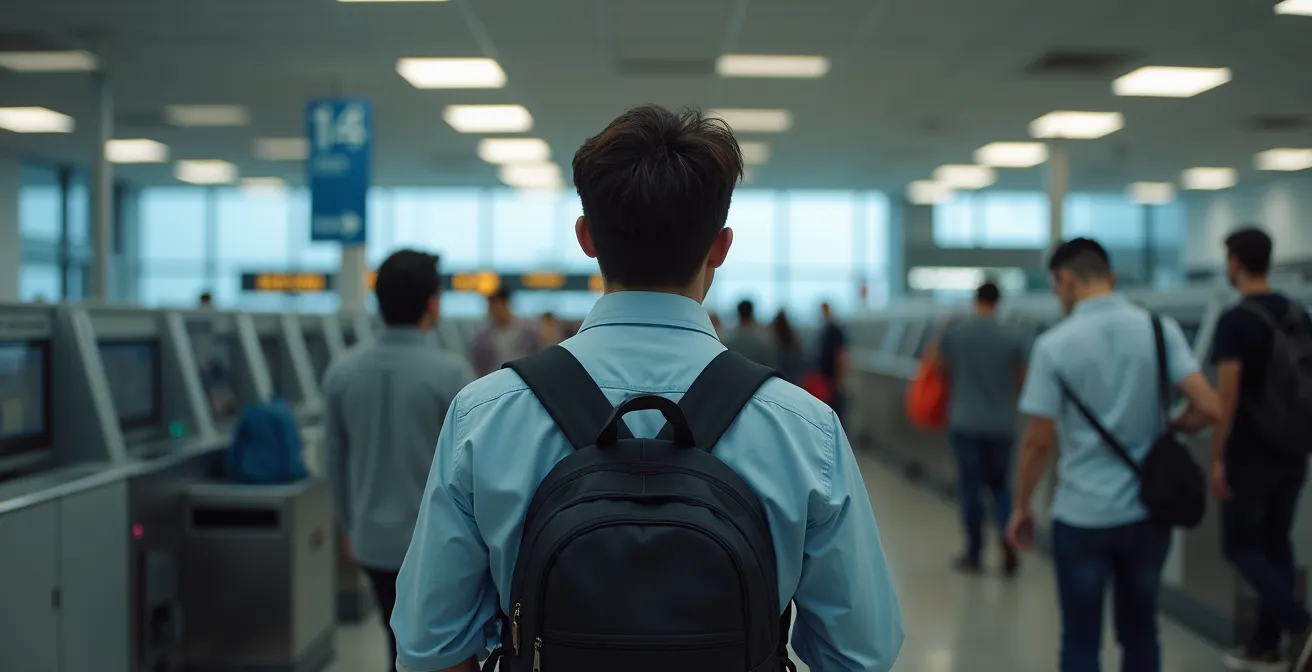 Vue de trois-quarts arrière d'un voyageur devant un distributeur de billets à l'aéroport
