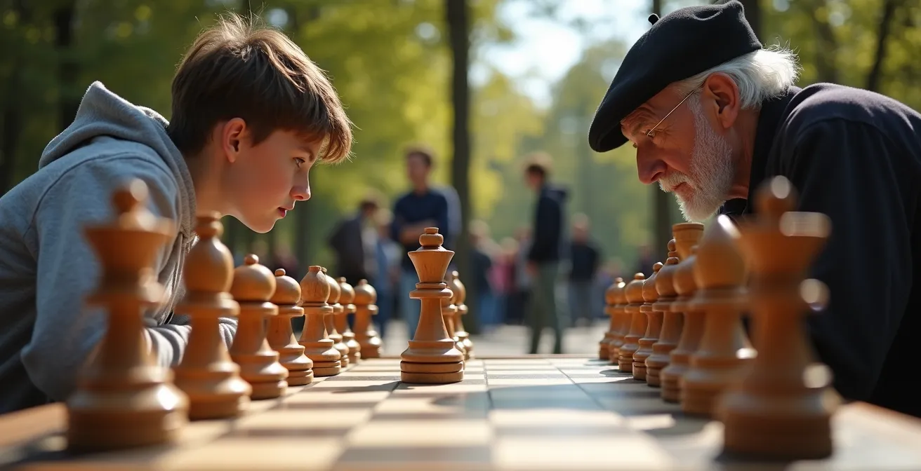 Joueurs concentrés autour d'un échiquier géant dans le parc