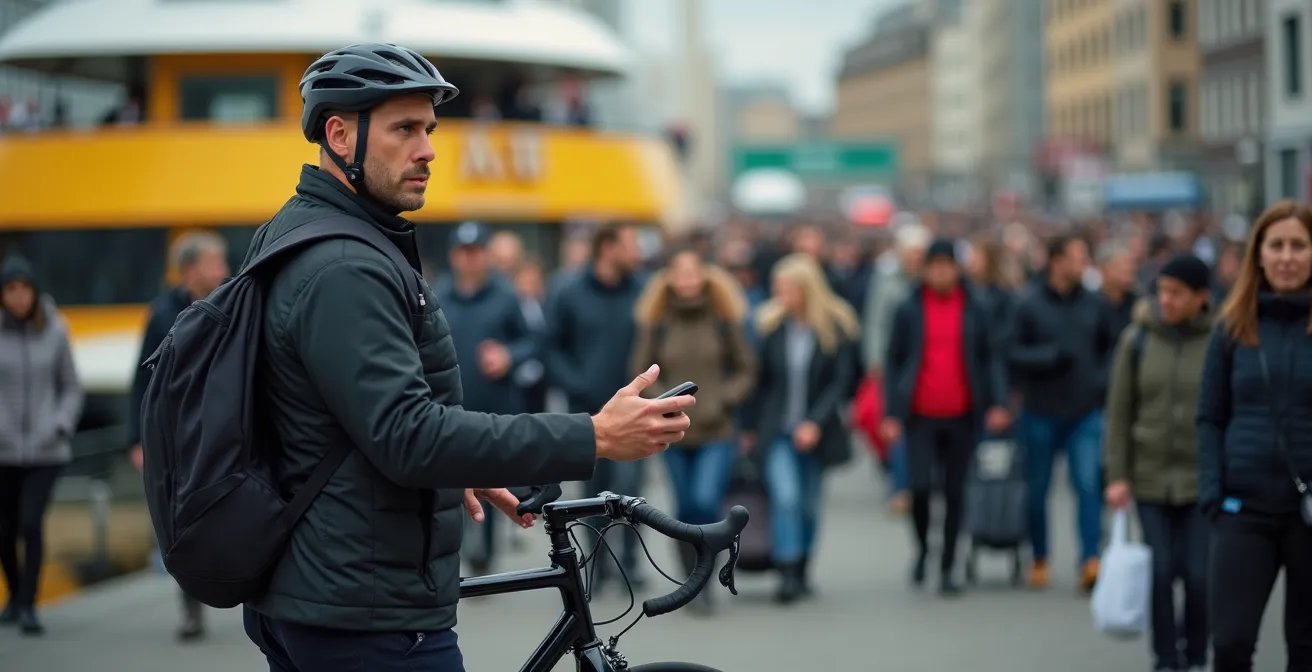 Cycliste attendant à l'embarcadère des mouettes avec son vélo pendant l'heure de pointe