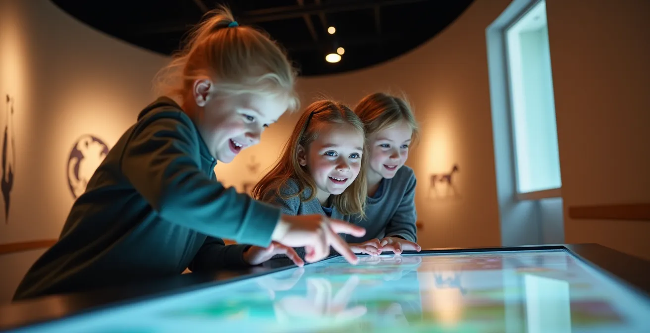 Enfants utilisant les bornes interactives du musée CICR dans un espace lumineux et accueillant