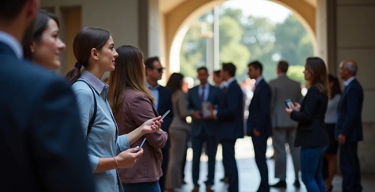 Entrée des visiteurs au Palais des Nations avec personnel de sécurité et visiteurs en attente