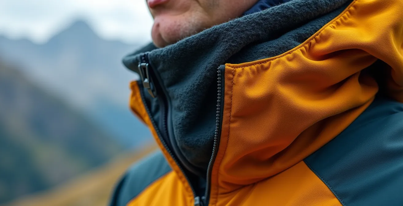 Détail macro d'un équipement de randonnée en système multicouches avec textures techniques visibles