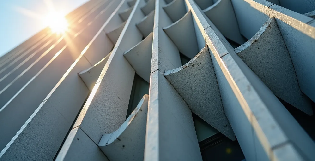 Détail macro des brise-soleil en aluminium moulé de la façade du siège de l'OMS