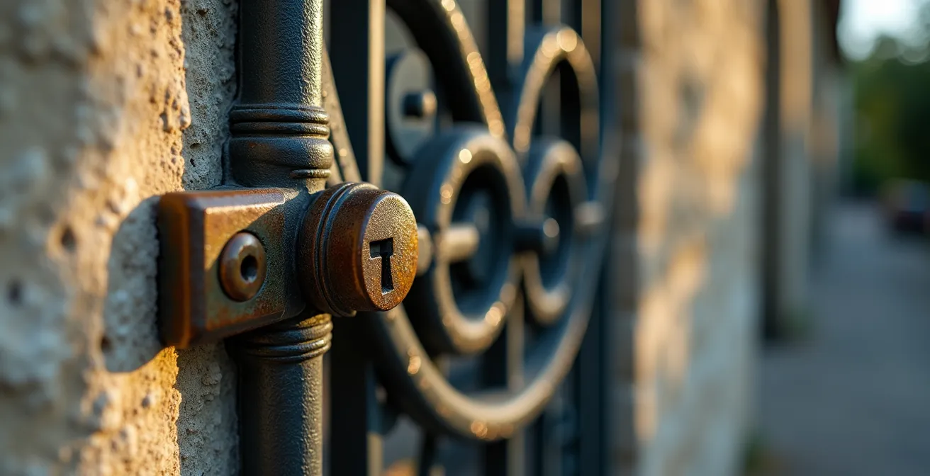 Détail architectural d'un portail genevois avec ferronnerie discrète mais sophistiquée