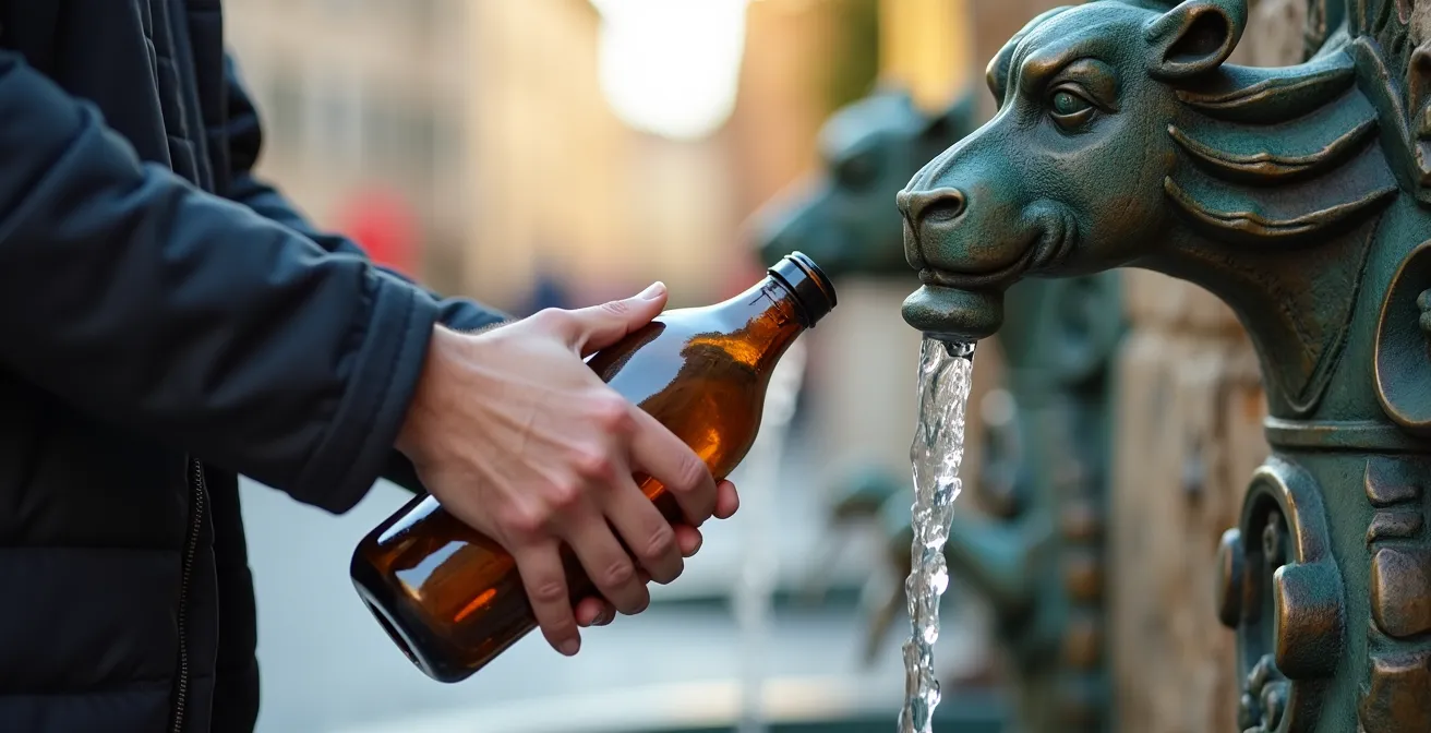 Fontaine publique genevoise avec tête de griffon en bronze dans une place historique