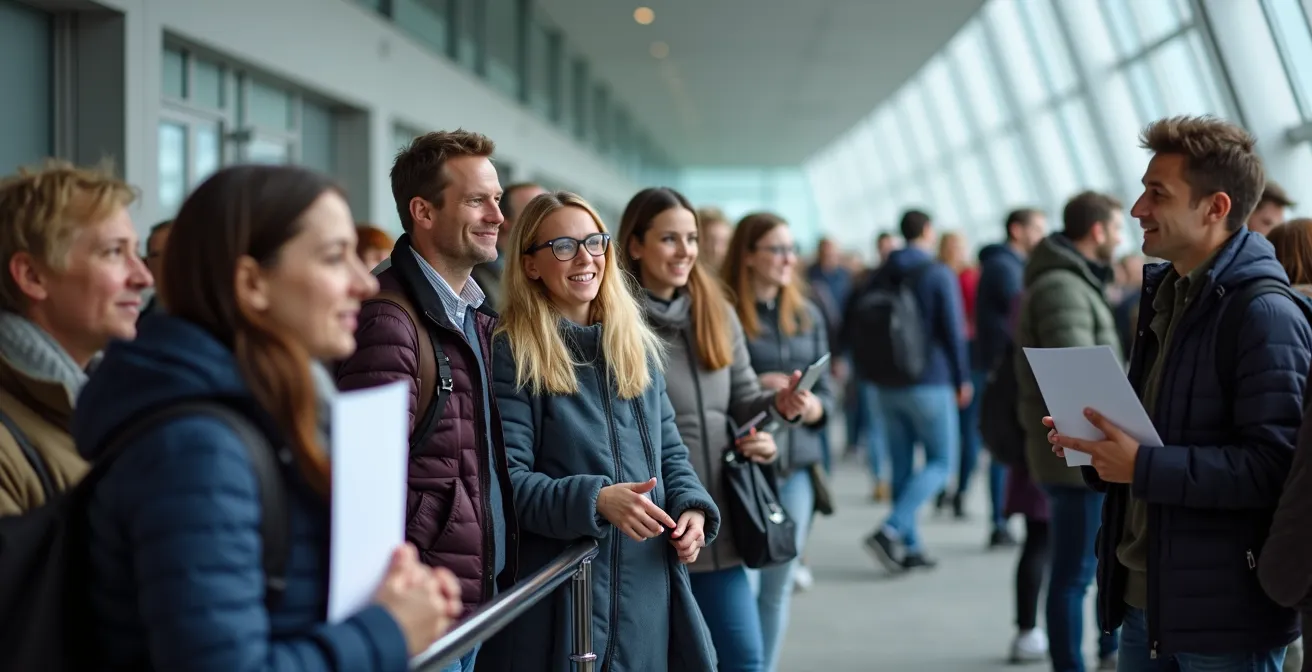 File d'attente de visiteurs devant le Science Gateway du CERN à Meyrin