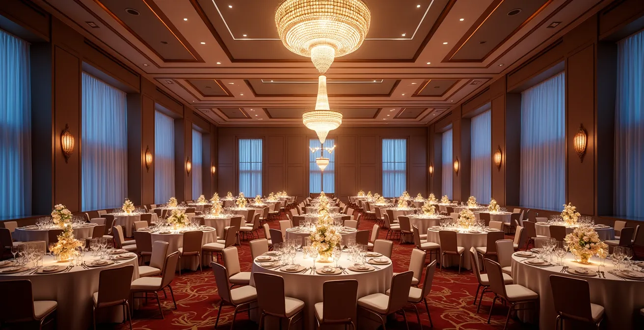 Salle de réception élégante préparée pour un gala dans un palace genevois
