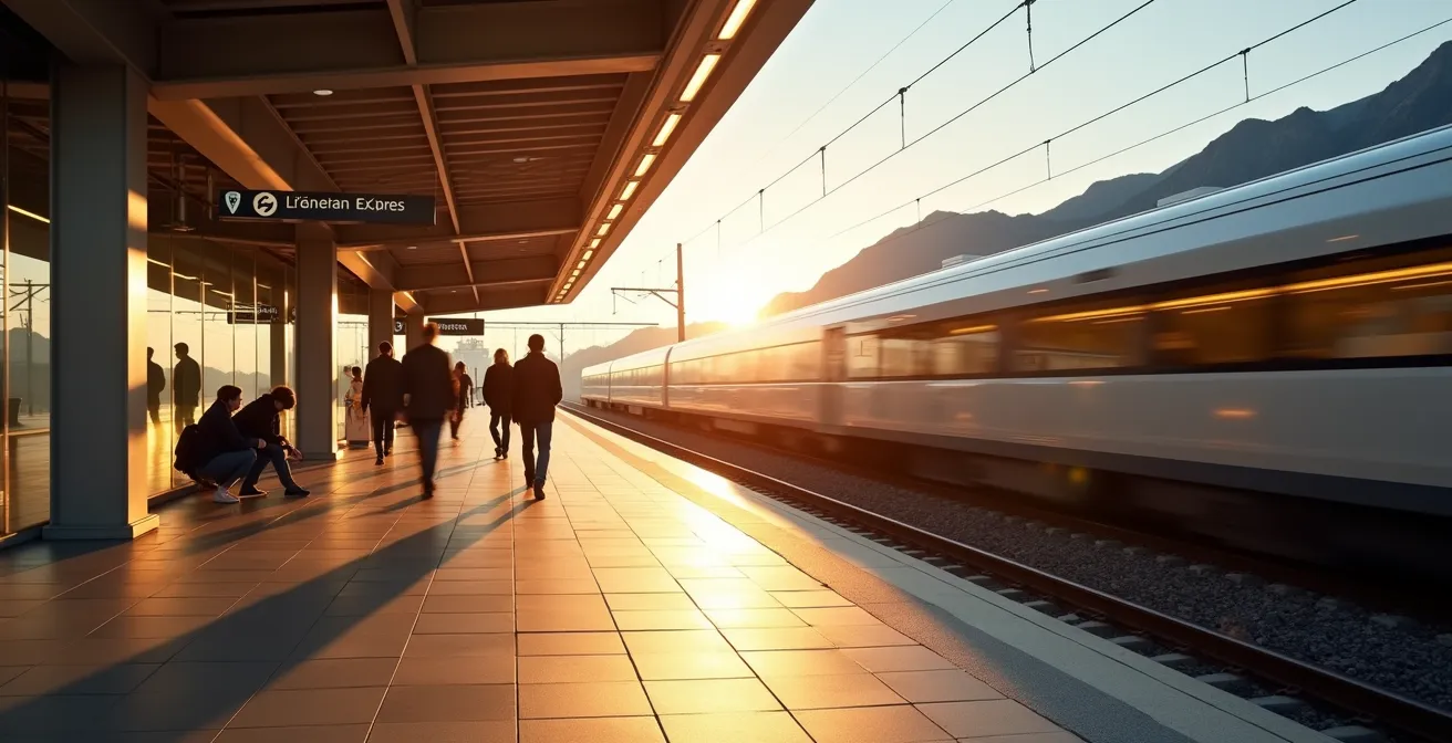 Vue large d'un quai de gare moderne avec train Léman Express et voyageurs en mouvement