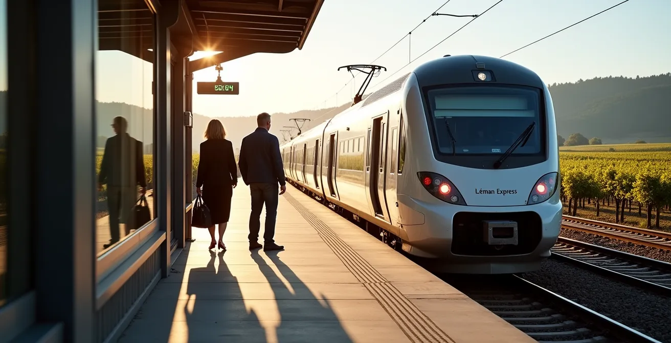 Vue de la gare de Satigny avec train Léman Express et vignes en arrière-plan
