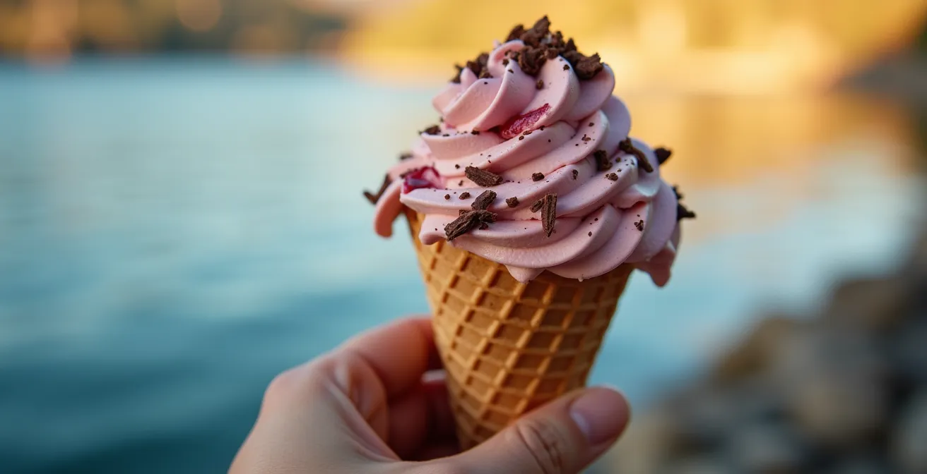 Main tenant un cornet de glace artisanale avec le lac Léman flou en arrière-plan