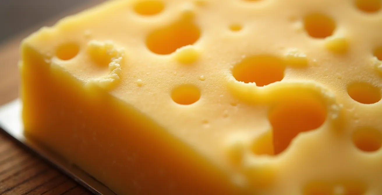 Gros plan sur la texture d'un Gruyère AOP montrant les signes d'un affinage optimal