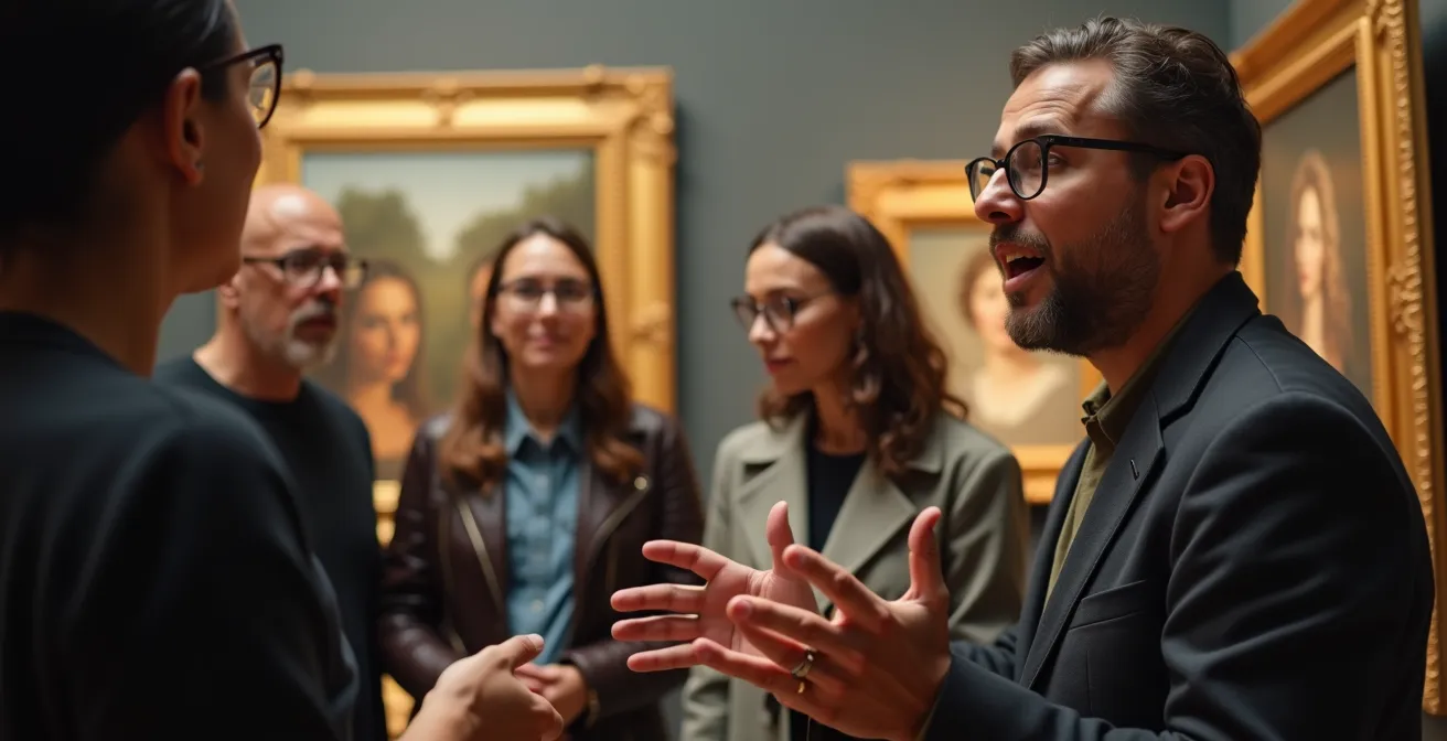 Guide culturel en interaction avec un groupe de visiteurs dans un espace muséal