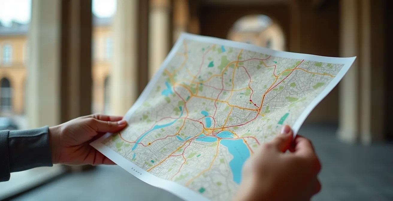 Carte stylisée de Genève montrant un parcours optimal entre trois musées de la Rive Droite avec lignes de transport