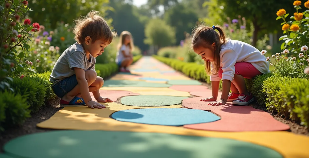 Enfants explorant en sécurité le jardin des senteurs et du toucher avec panneaux pédagogiques