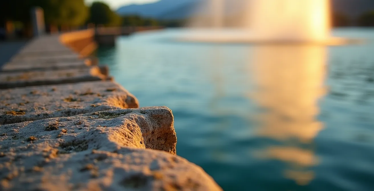 Le Jet d'eau de Genève illuminé par la lumière dorée du soleil couchant, vu depuis une tour de pierre