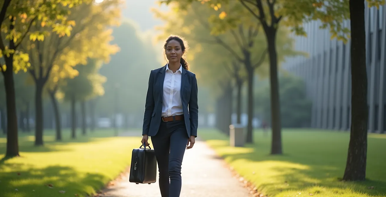 Jeune professionnel en stage à l'OMS traversant le parc de l'Ariana à Genève