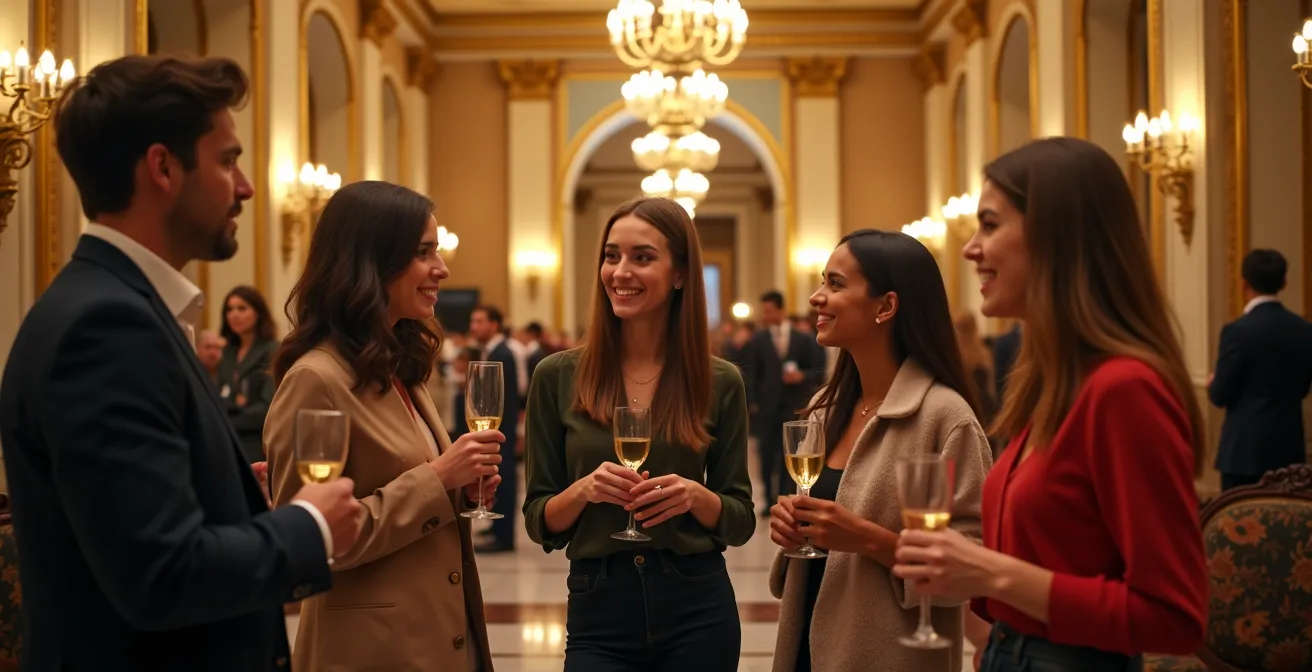 Groupe de jeunes spectateurs souriants dans le foyer doré du Grand Théâtre