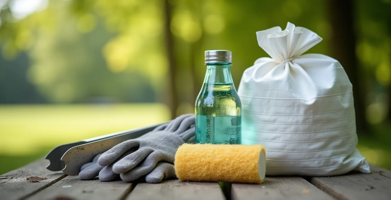Kit de nettoyage pour barbecue avec sac taxé blanc genevois et accessoires de propreté