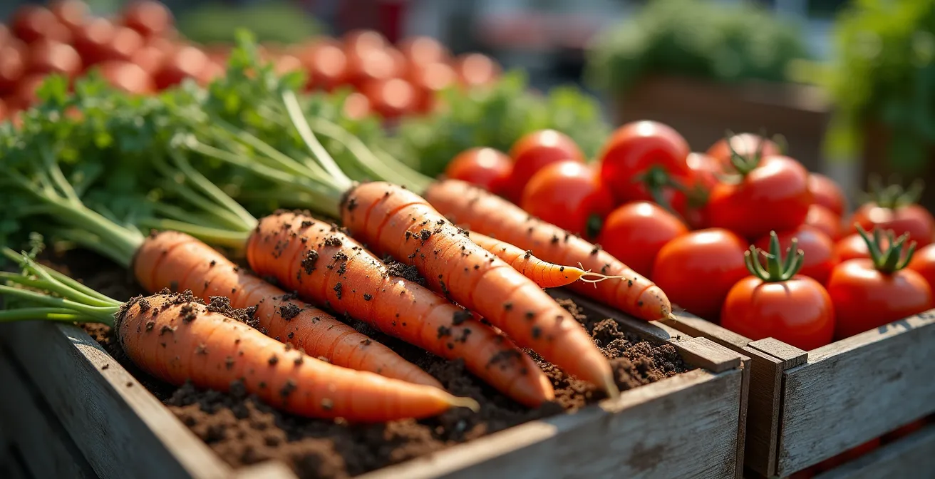 Gros plan sur des légumes avec terre fraîche dans des cagettes en bois réutilisées