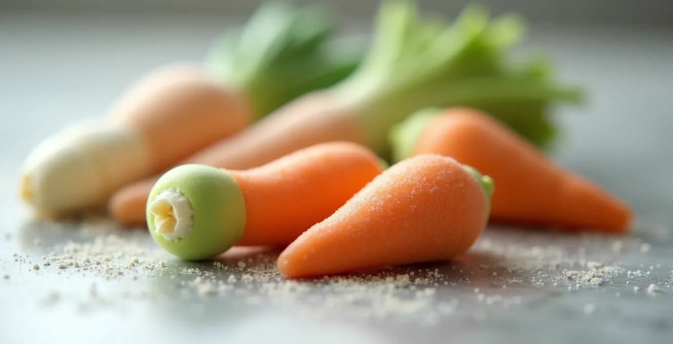 Légumes en massepain colorés disposés sur une surface de travail en marbre
