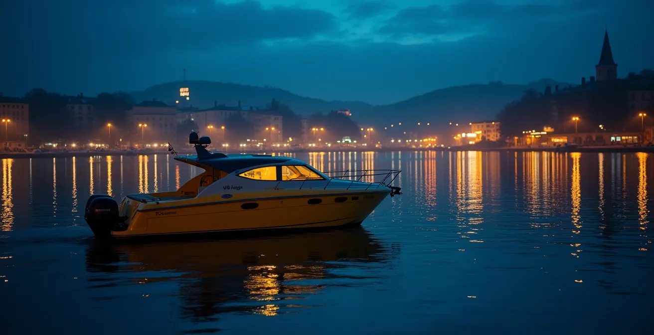 Mouette genevoise naviguant dans la rade de Genève en soirée hivernale avec reflets des illuminations