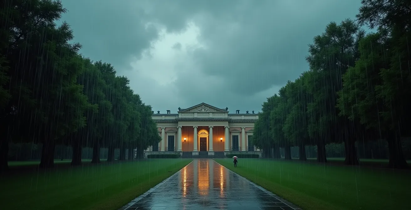 Villa Bartholoni dans le parc de la Perle du Lac sous la pluie, architecture néoclassique entourée de verdure